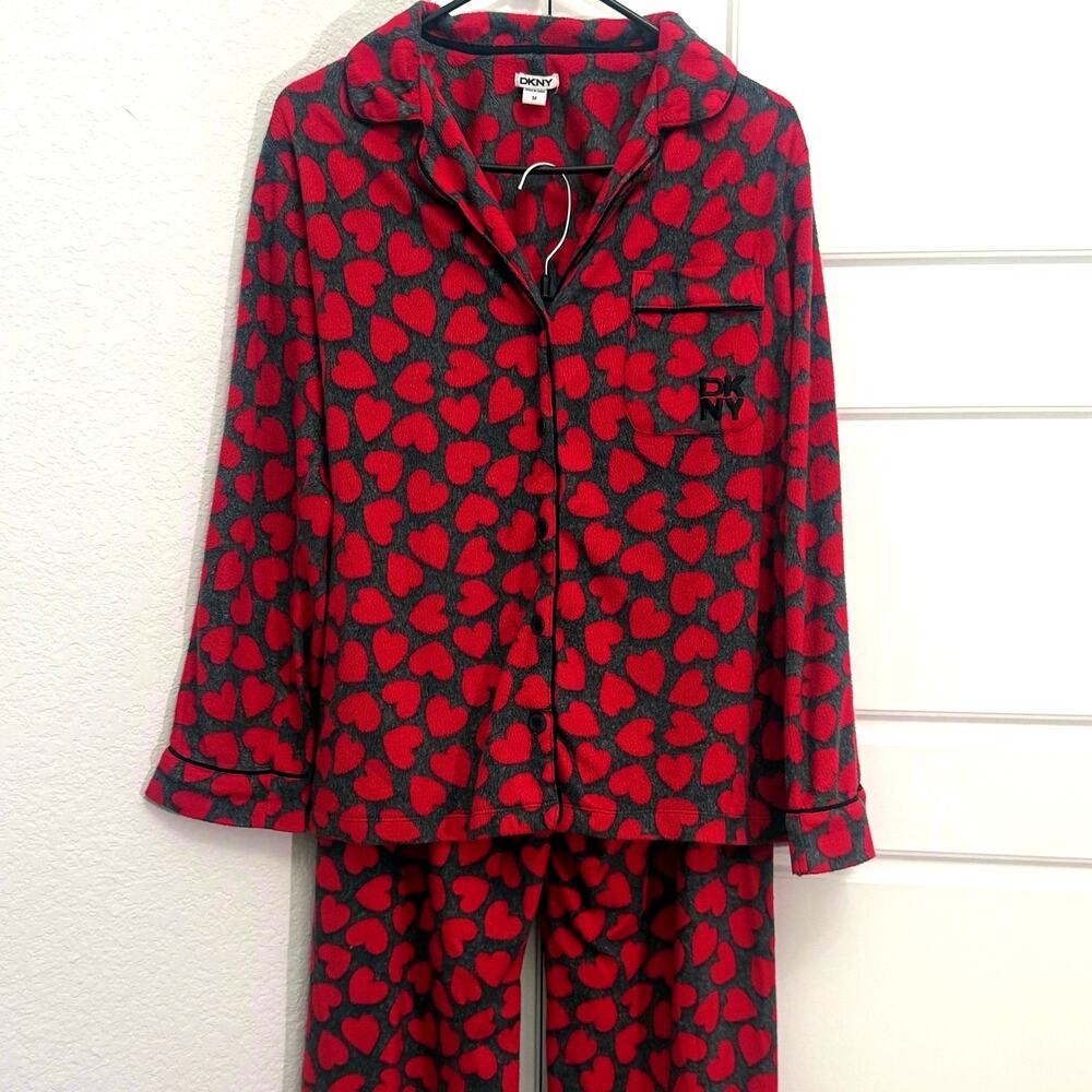 DKNY Heart Print Pajama Set Red Gray Button Down Sleepwear Lounge Set Medium